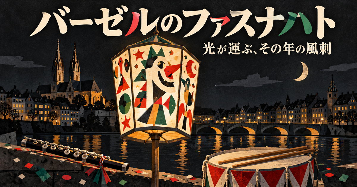 大きな絵入りランタン、ピッコロと太鼓を象徴的に配したイラスト