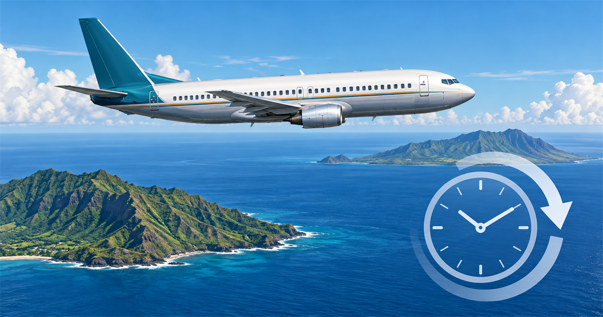 海と島の上を飛ぶ無印の旅客機に、時計と繰り返しの矢印を重ねたイラスト。