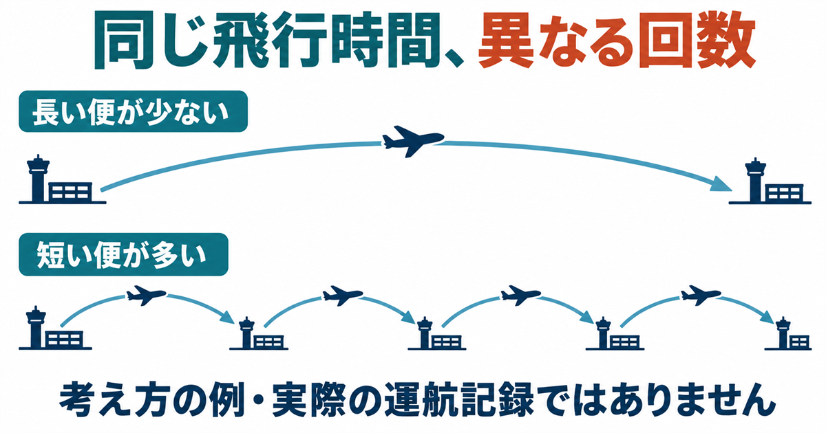 長い便を少なく飛ぶ場合と短い便を多く飛ぶ場合を、異なる数の飛行の弧で比べた概念図。