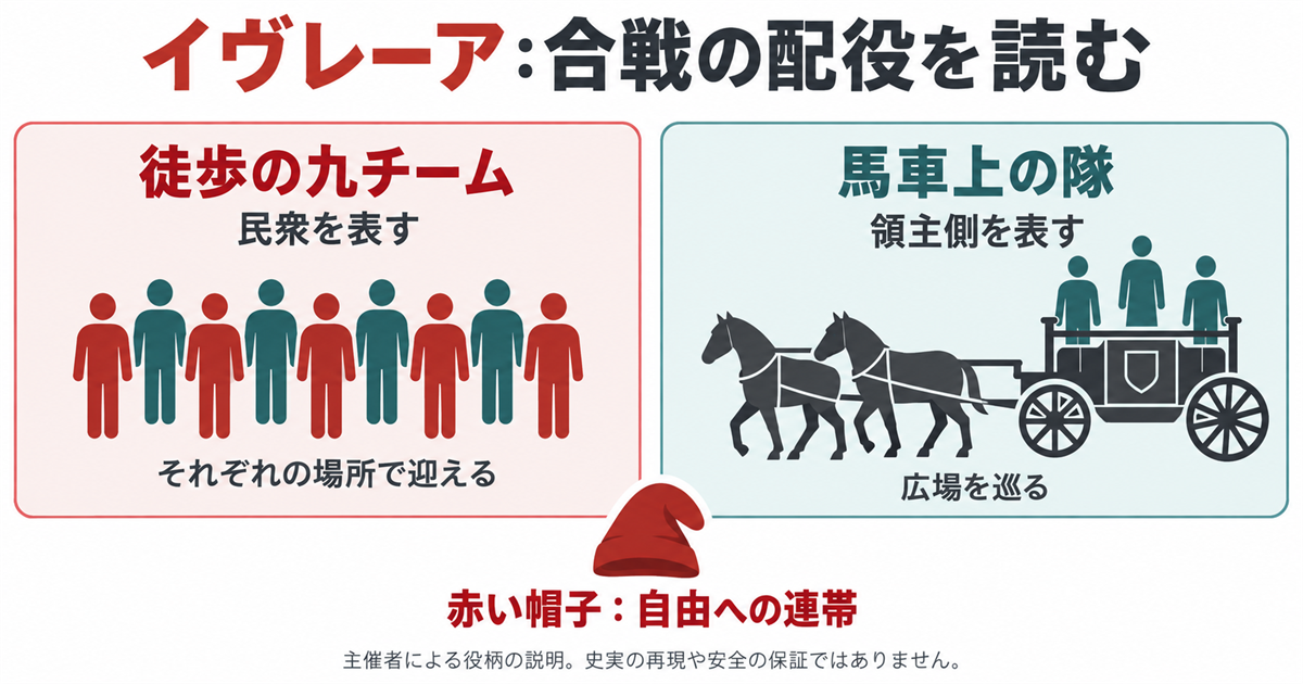 徒歩の九チームが民衆、馬車上の隊が領主側を表し、赤い帽子が自由への連帯を示す関係図。