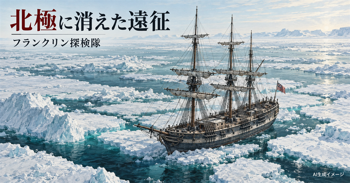 北極海の帆船と海氷を描く解説用イメージ。実際の発見時の写真ではありません。