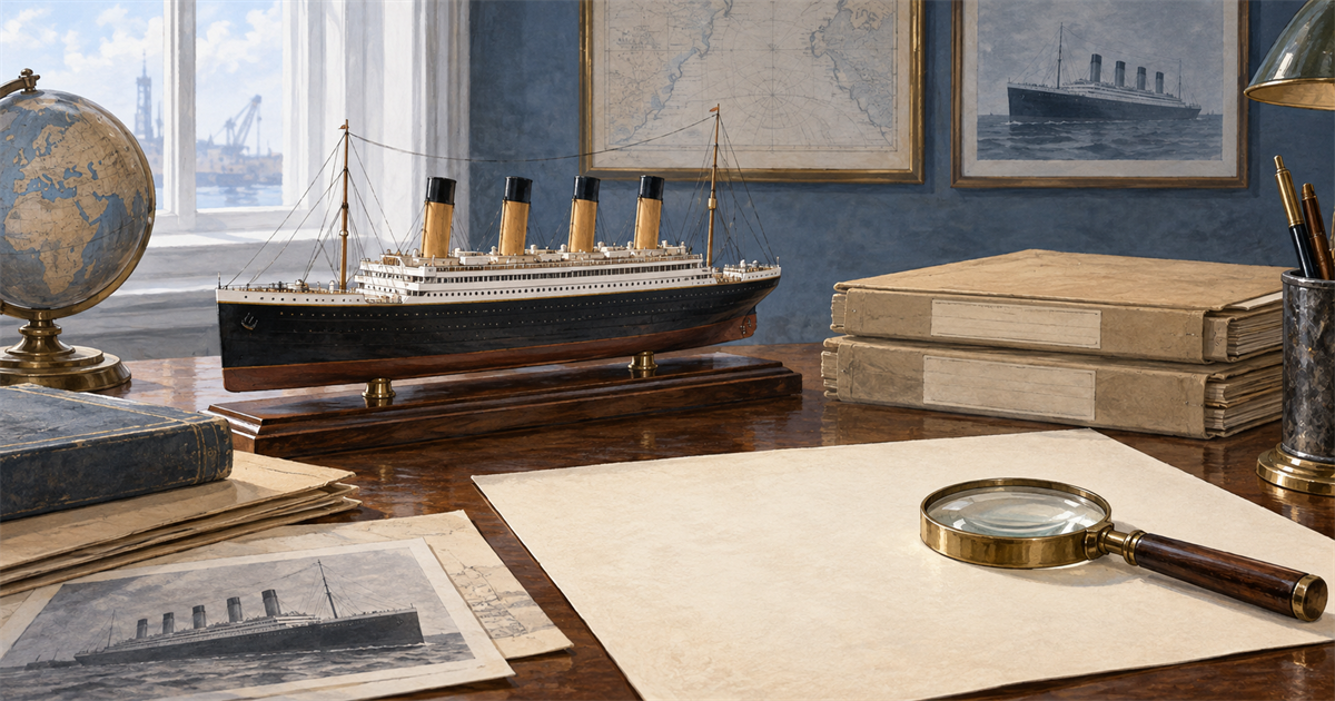 四本煙突の客船模型と、無記名の資料箱、虫眼鏡、地球儀、額や紙に描かれた客船の図像がある机のイラスト。