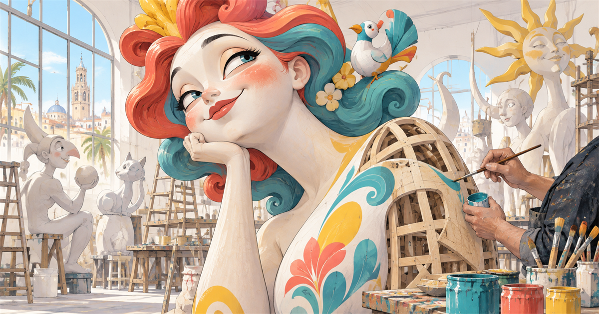 大きな彩色人物像のそばで、職人の手が絵筆を使う工房風のイラスト