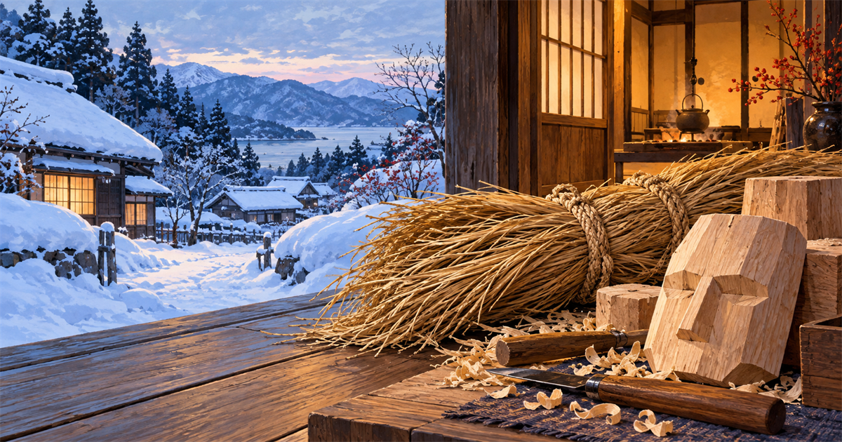 雪景色を望む家の入口にワラと木彫りの材料を配したイラスト。