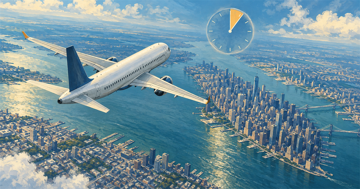 都市の川を望む航空機と時計を組み合わせ、判断に使える時間を表したイラスト。