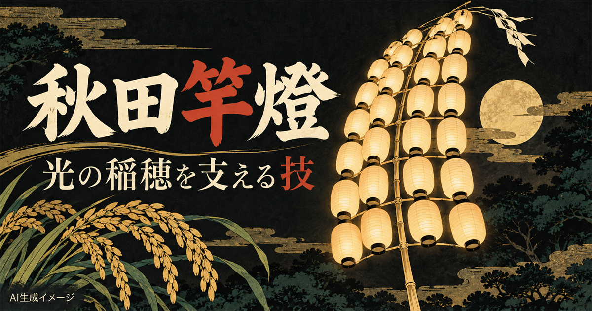 稲穂と、しなる竹に吊るした提灯を描いた秋田竿燈のイラスト。