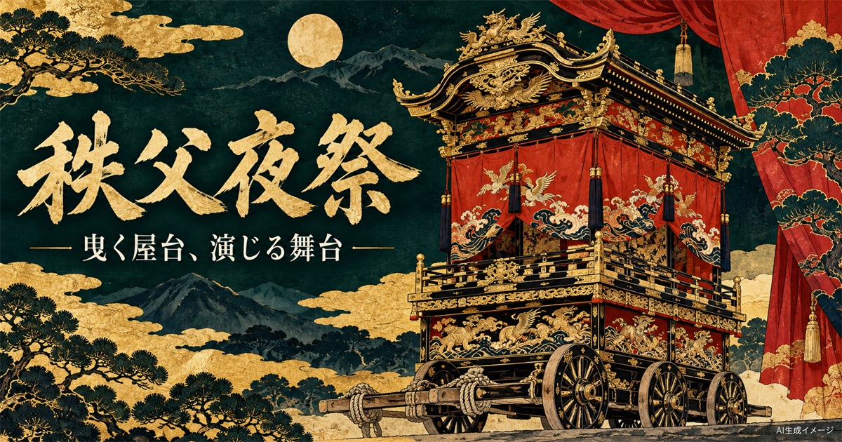 装飾のある車輪付き屋台と舞台の幕を組み合わせた秩父夜祭の象徴イラスト。