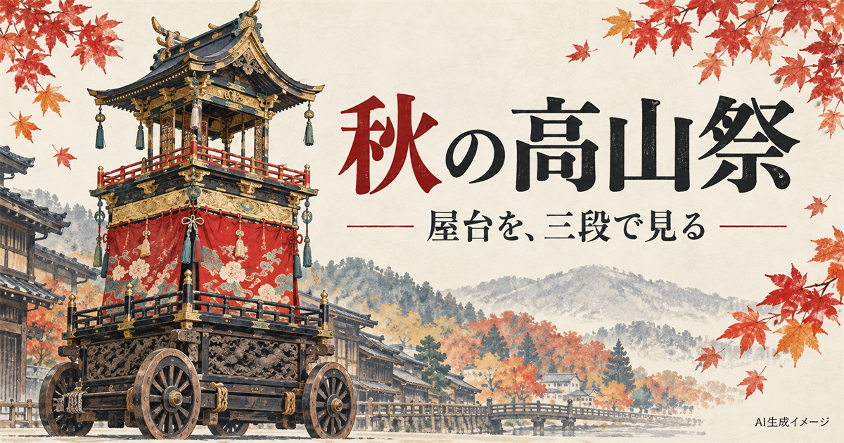 屋根、赤い幕、彫刻のある足元をもつ屋台を秋の色合いで描いたイラスト。