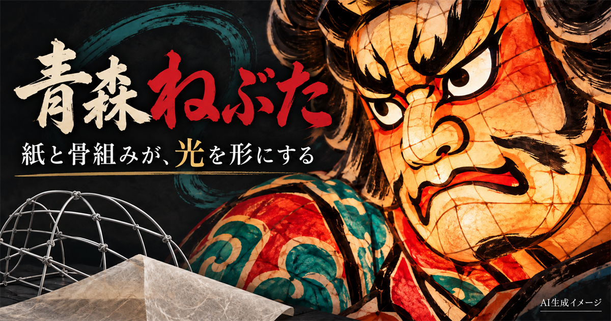 光る紙の人物像と、針金の枠・紙を組み合わせた青森ねぶたの象徴イラスト。