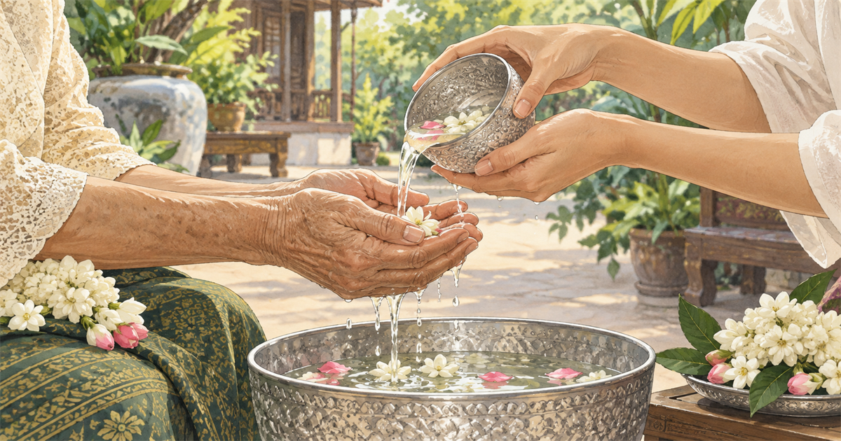 年長者の差し出した手に、花を浮かべた水を鉢から静かに注ぐイラスト