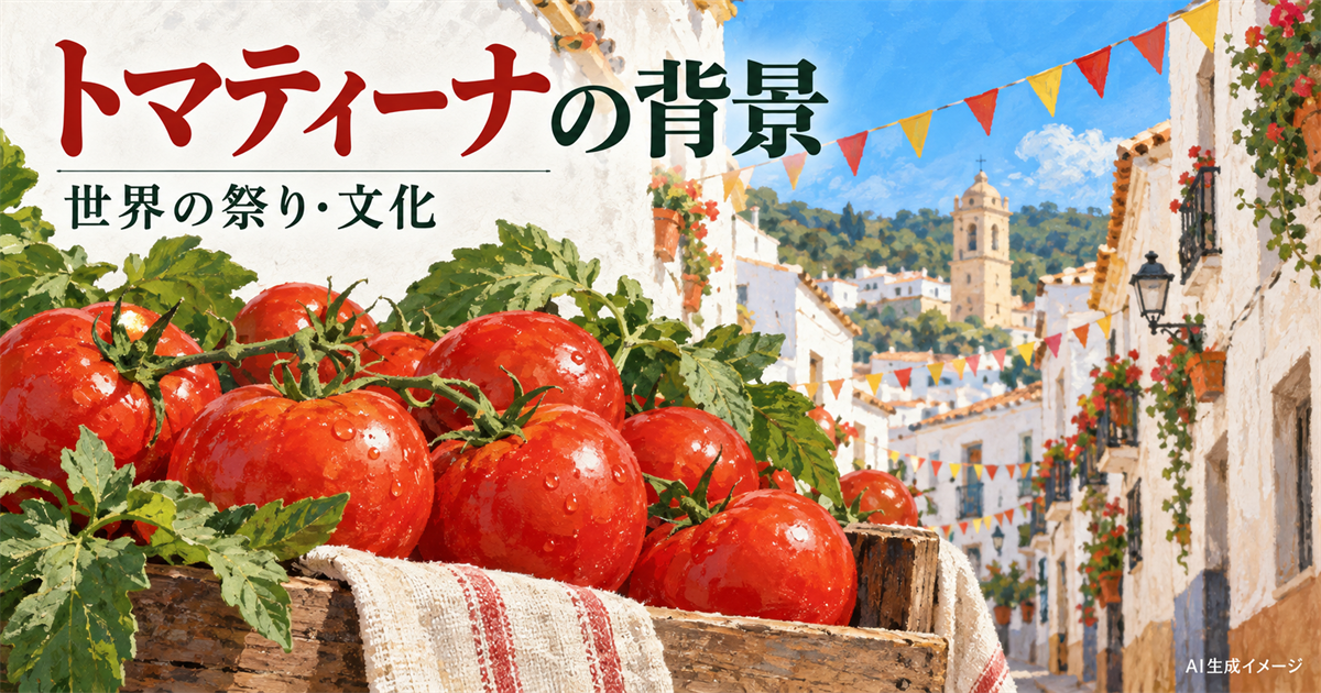 スペイン・ブニョールのトマティーナを題材に、トマトと町の祭りを描いたイメージ
