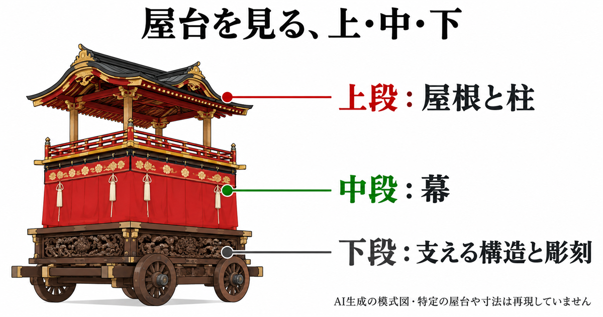 屋台の屋根と柱を上段、幕を中段、支える構造と彫刻を下段として示す模式図。