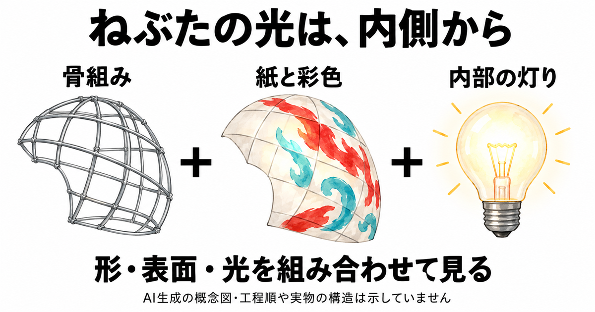 骨組み、紙と彩色、内部の灯りという三つの要素を並べたねぶたの概念図。